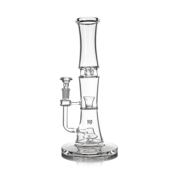 Spire - Clear: A sleek, clear glass water pipe with a straight tube, dual percolators, and 14mm joint, designed for optimal filtration and stability.