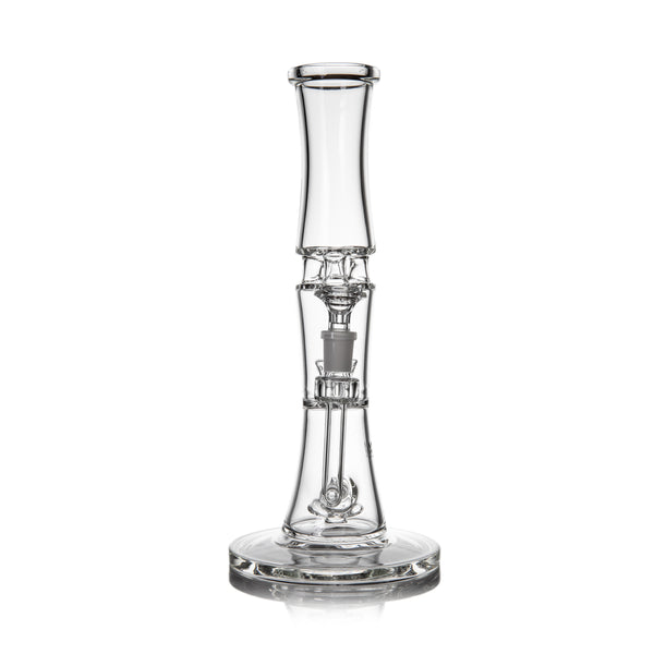 Spire - Clear: Transparent glass water pipe with cylindrical mouthpiece, dual percolators, and wide base, showcasing MJ Arsenal's handcrafted borosilicate glass engineering.