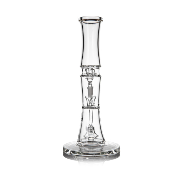 Spire - Clear: A sleek, transparent glass water pipe with multi-chamber filtration, featuring dual percolators and a splash guard, designed for enhanced smoke cooling.