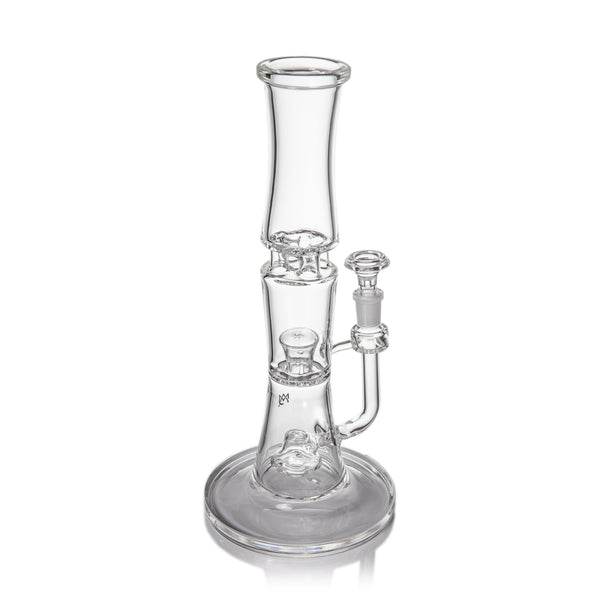 Spire - Clear glass water pipe with dual percolators, splash guard, and flared mouthpiece, showcasing hand-made craftsmanship and a sleek, modern design.