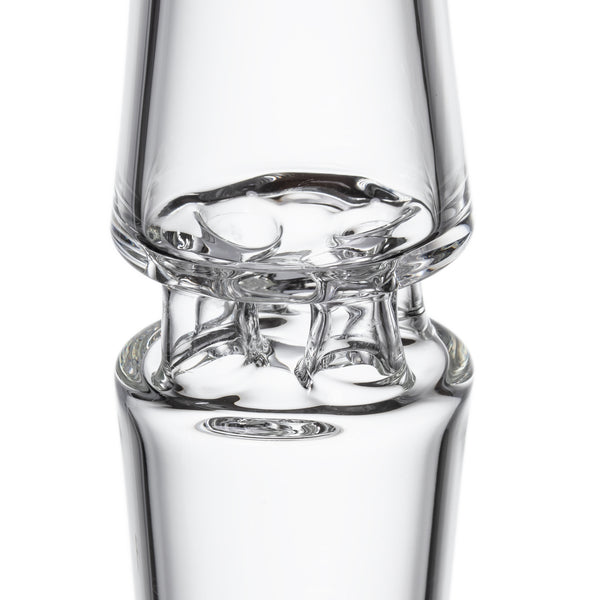 Close-up of clear glass Spire - Clear, showing two tubular sections connected by a tree-like diffuser within, highlighting borosilicate glass construction and precise engineering.