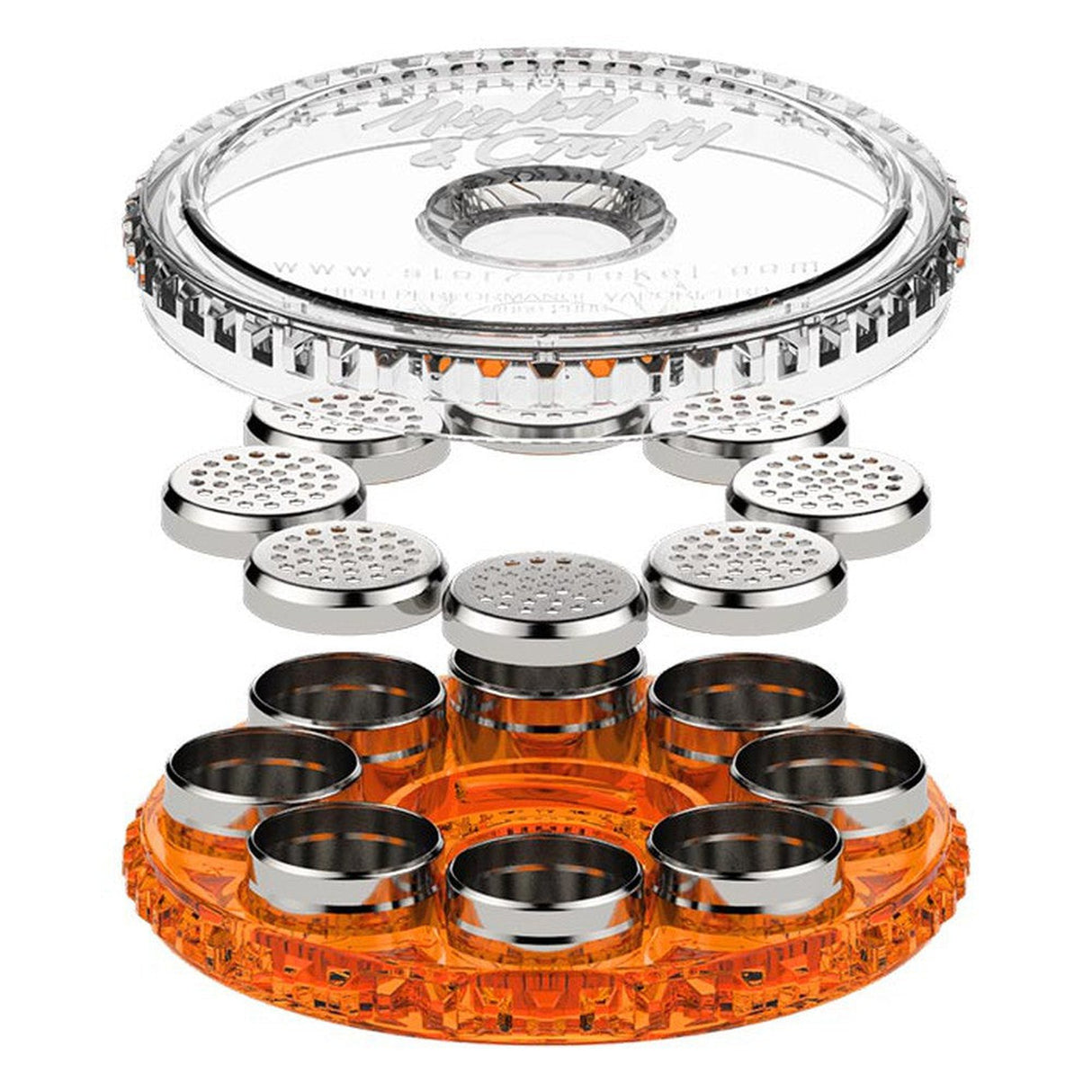 Dosing Capsule Magazine with clear and orange container, silver metal holes, designed for pre-filling and storing vaping capsules for efficient herb sessions.