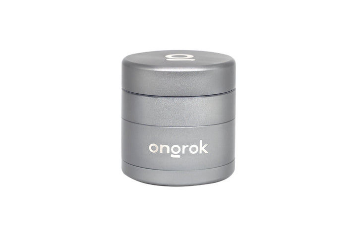 Mini EZ Grinder - 55mm, silver/gray, cylindrical, three-piece with ongrok branding; features a magnetic lid and deep storage chambers for herbs.