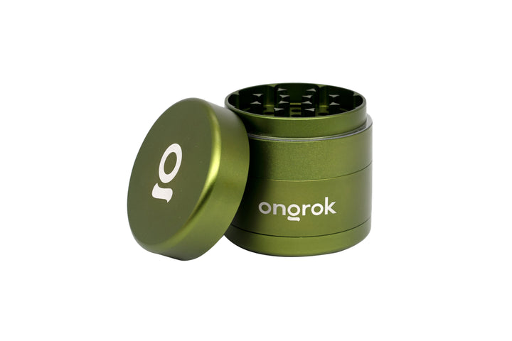 Mini EZ Grinder - 55mm, four-part metal grinder with open lid showing teeth, branded ongrok logo on side, ideal for grinding herbs and spices.