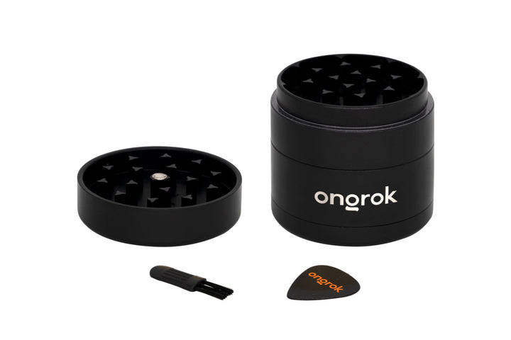 Mini EZ Grinder - 55mm, disassembled into lid with triangular teeth, grinding chamber, cleaning brush, and scraper tool; features aircraft-grade aluminum and smart storage design.