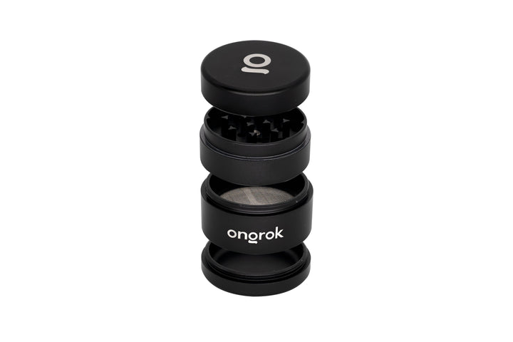 Mini EZ Grinder - 55mm: Black anodized-aluminum 4-piece herb grinder showing magnetic lid, interlocking teeth, mesh screen, and pollen catcher for consistent grinding.