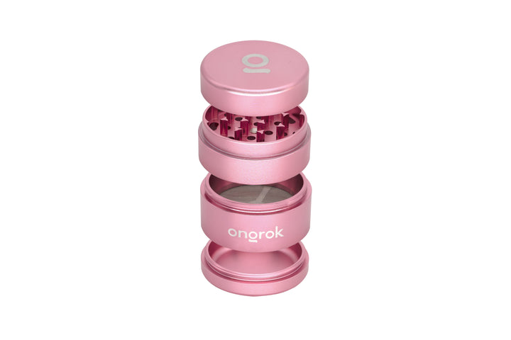 Mini EZ Grinder - 55mm: A four-piece, stackable metal grinder with a magnetic lid, grinding teeth, mesh sifter, and collection chamber for efficient herb processing.