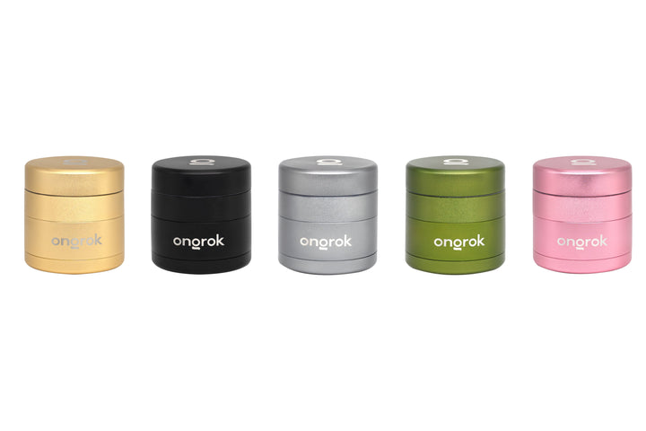 Mini EZ Grinder - 55mm: Five compact three-piece metal grinders with ongrok branding, showcasing precision design and smart storage features against a white background.