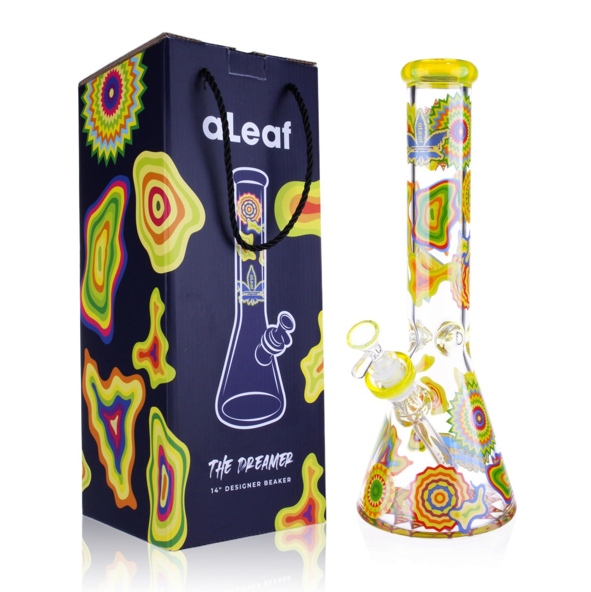 14 The Dreamer Beaker Bong with psychedelic patterns, flared base, straight neck, alongside oLeaf packaging with model name and line drawing. Includes bowl and downstem.