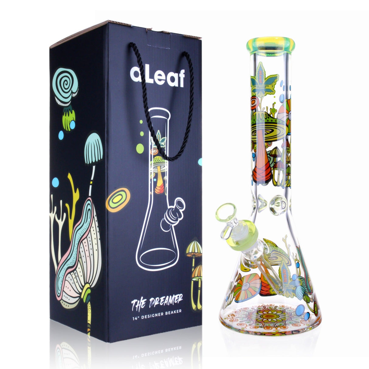 14 The Dreamer Beaker Bong by aLeaf, featuring a clear glass body with psychedelic mushroom artwork, alongside its matching branded gift box.