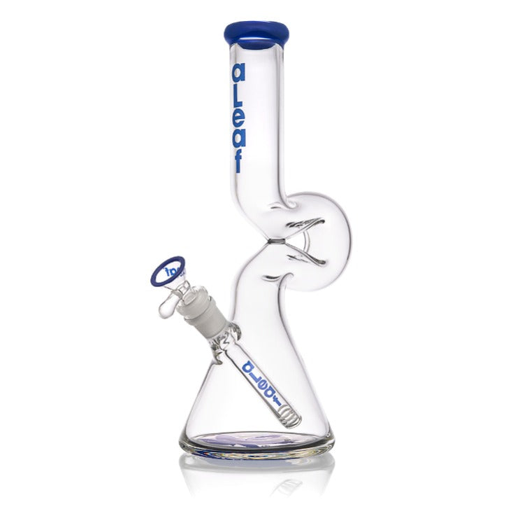 12 Lounger Bong with a beaker base, angled down-stem, bent neck, and ice pinch. Balloon-inspired design with sculptural twists, branded aLeaf.