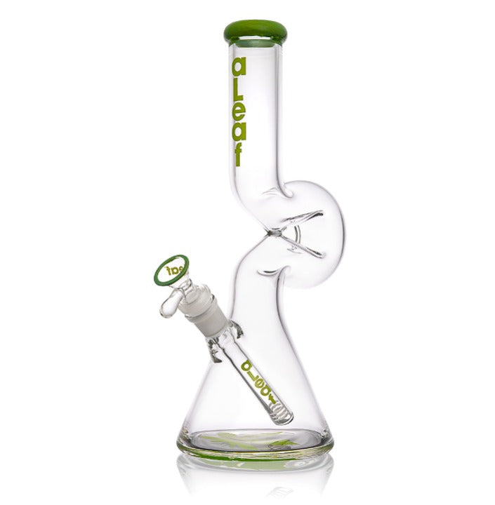 12 Lounger Bong with beaker base, bent neck, and twist details; features a balloon-inspired design with bubble chamber, removable down-stem, and aLeaf logo.