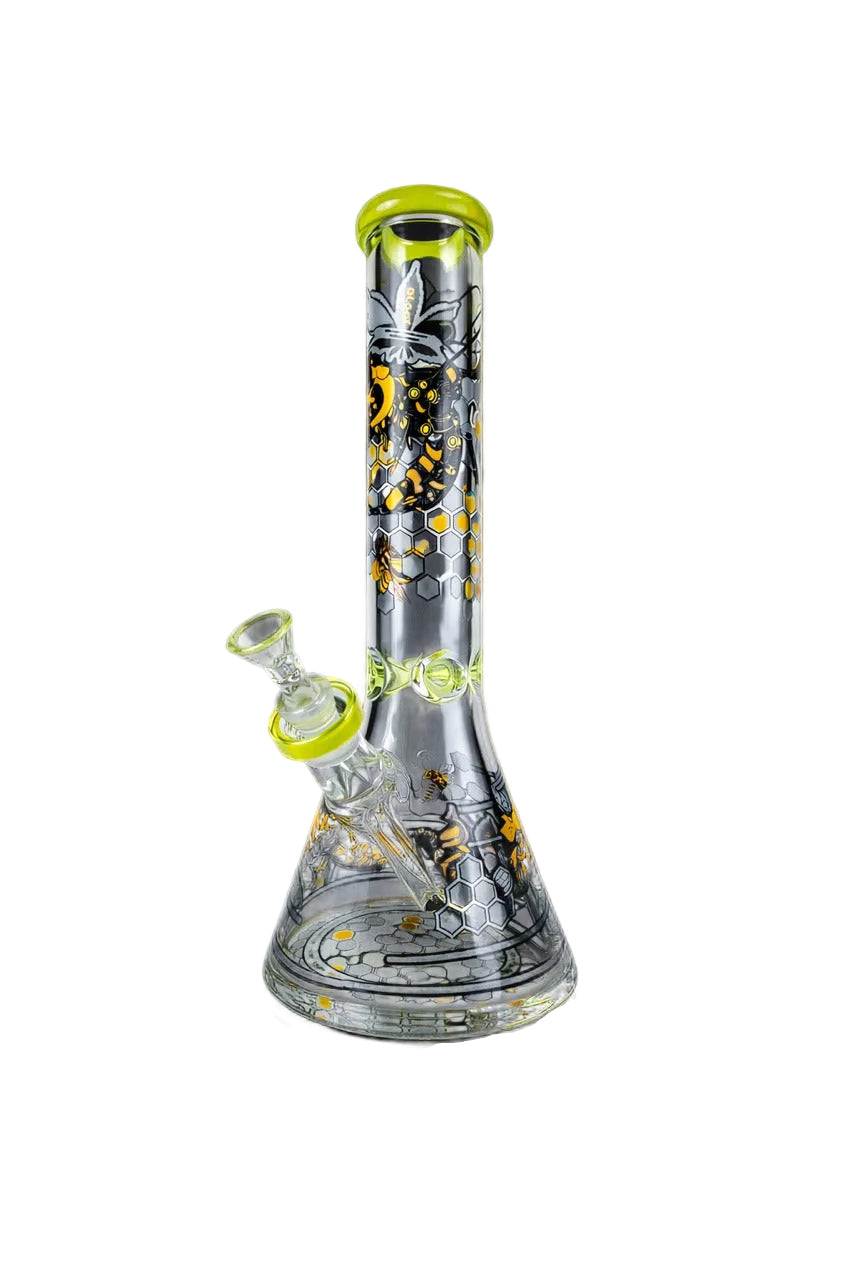 14 The Dreamer Beaker Bong with a honeycomb and bee pattern, clear glass, removable downstem, bowl, and wide base for stability, showcasing dream-inspired artwork.