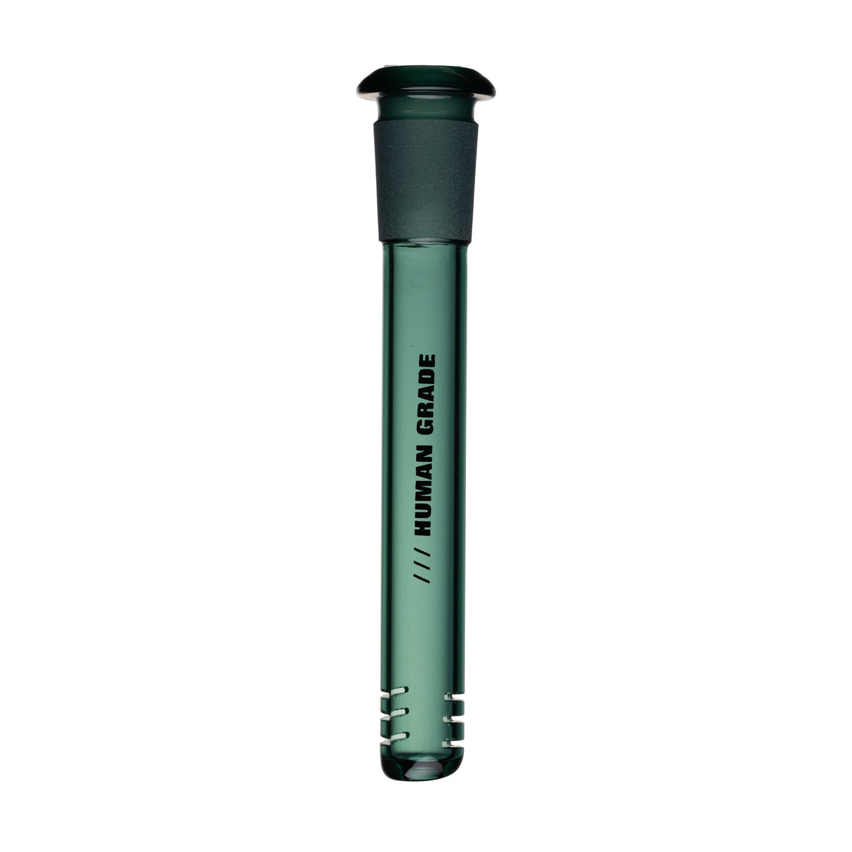 Green glass downstem with slits, labeled /// HUMAN GRADE, featuring a matching stopper, designed for 14mm water pipe compatibility in high-frequency retail settings.