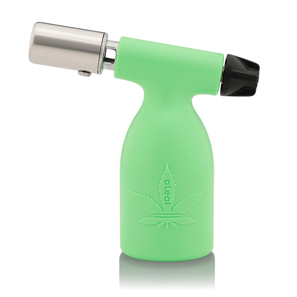3.5 Blow Torch Turbo Flame with green silicone body and cannabis-leaf logo, featuring a metal nozzle for high-grade, powerful flame. Ideal for portable use.