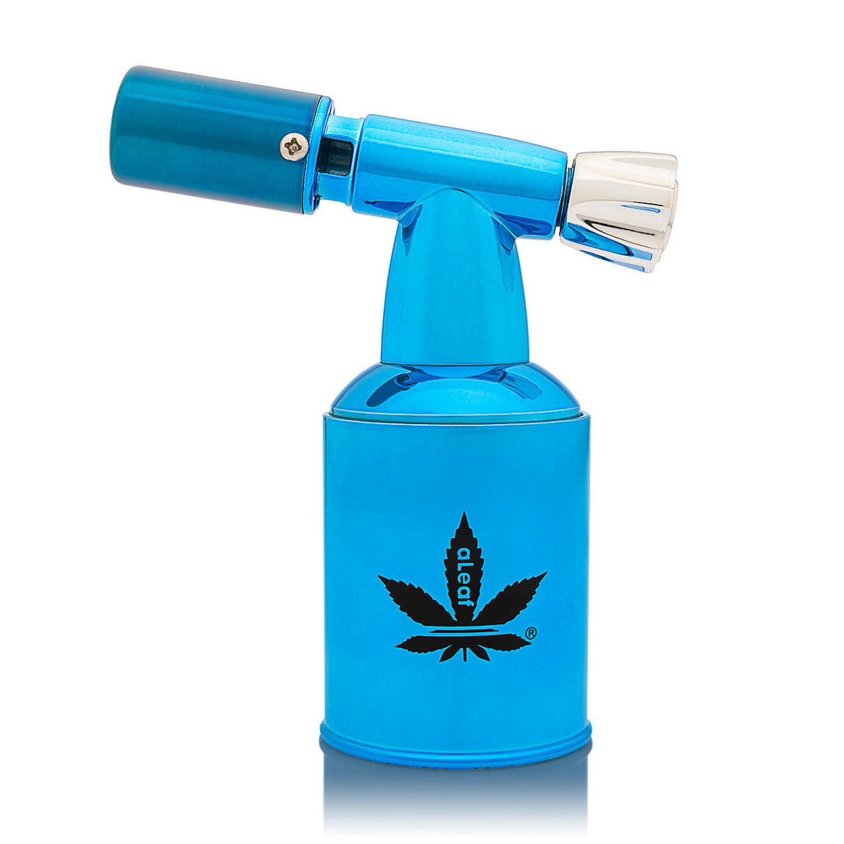 5 Brass Blow Torch Blue Turbo Flame features a metallic blue finish, cannabis-leaf logo, cylindrical reservoir, T-shaped head, and flame-adjustment knob for cannabis concentrate use.