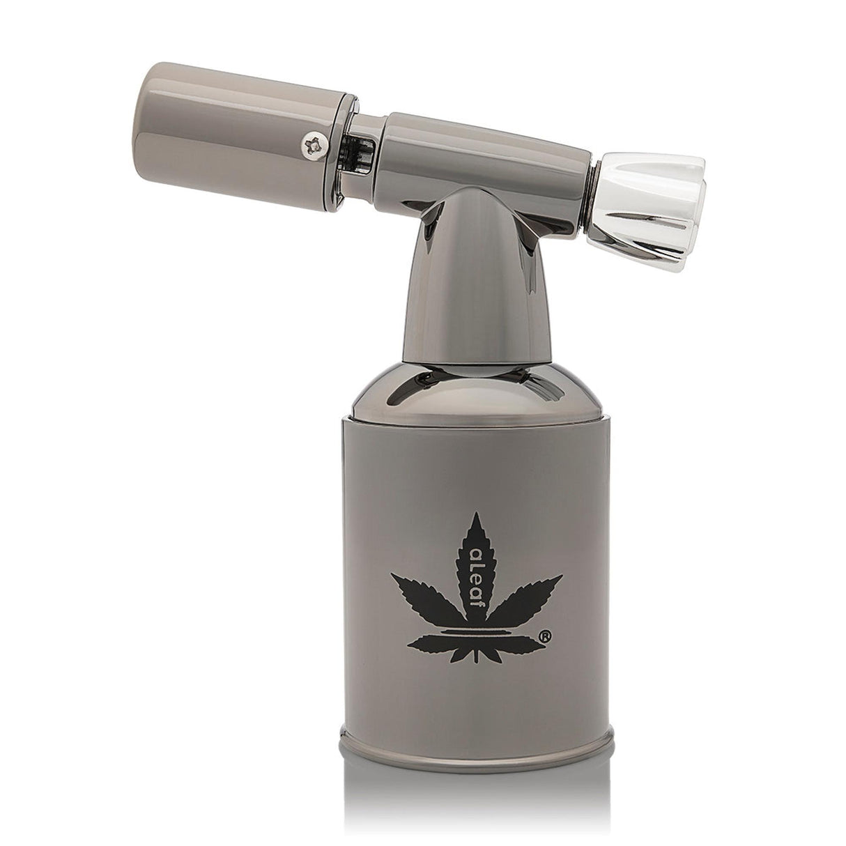 5 Brass Blow Torch Blue Turbo Flame, featuring a gun-metal gray body, cannabis-leaf logo, and adjustable flame nozzle on top of its fuel canister.