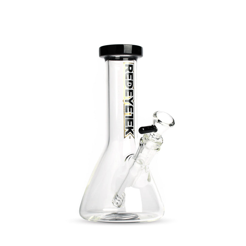 8 Tall Splash Beaker Bong with flared base, straight neck, black-rimmed mouthpiece, removable downstem, and glass bowl; features REDEYETEKK logo vertically on neck.