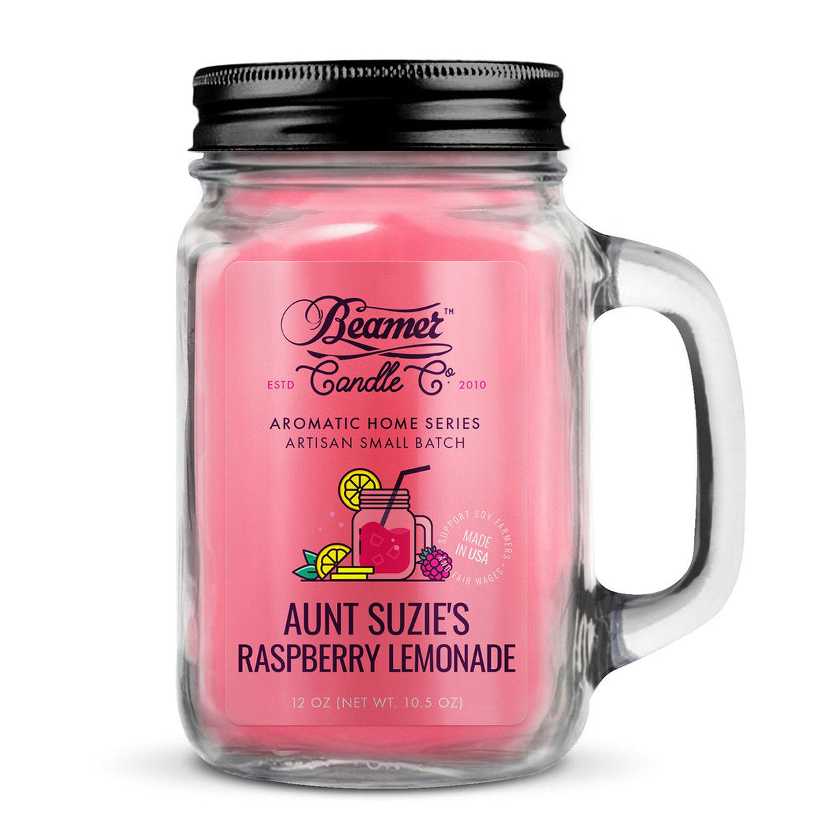 Scented Candle - Aunt Suzie's Raspberry Lemonade in a glass jar, showcasing a pink candle designed to eliminate smoke and odors with a 90-hour burn time.