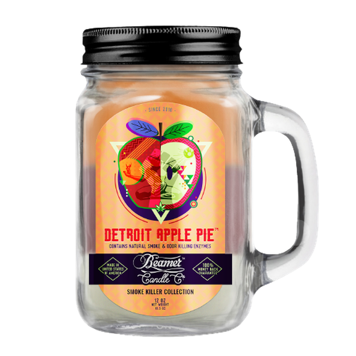 Scented Candle - Detroit Apple Pie in a glass jar with lid and apple design, featuring odor-eliminating enzymes and a 90-hour burn time.