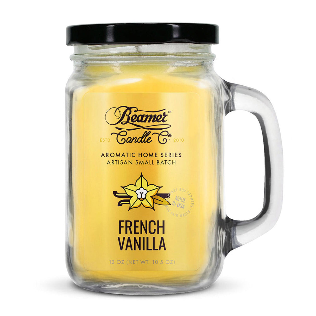 Scented Candle - French Vanilla (90 Hour Burn Time) in a glass jar with a silver lid, featuring odor-eliminating enzymes for a fresh atmosphere.