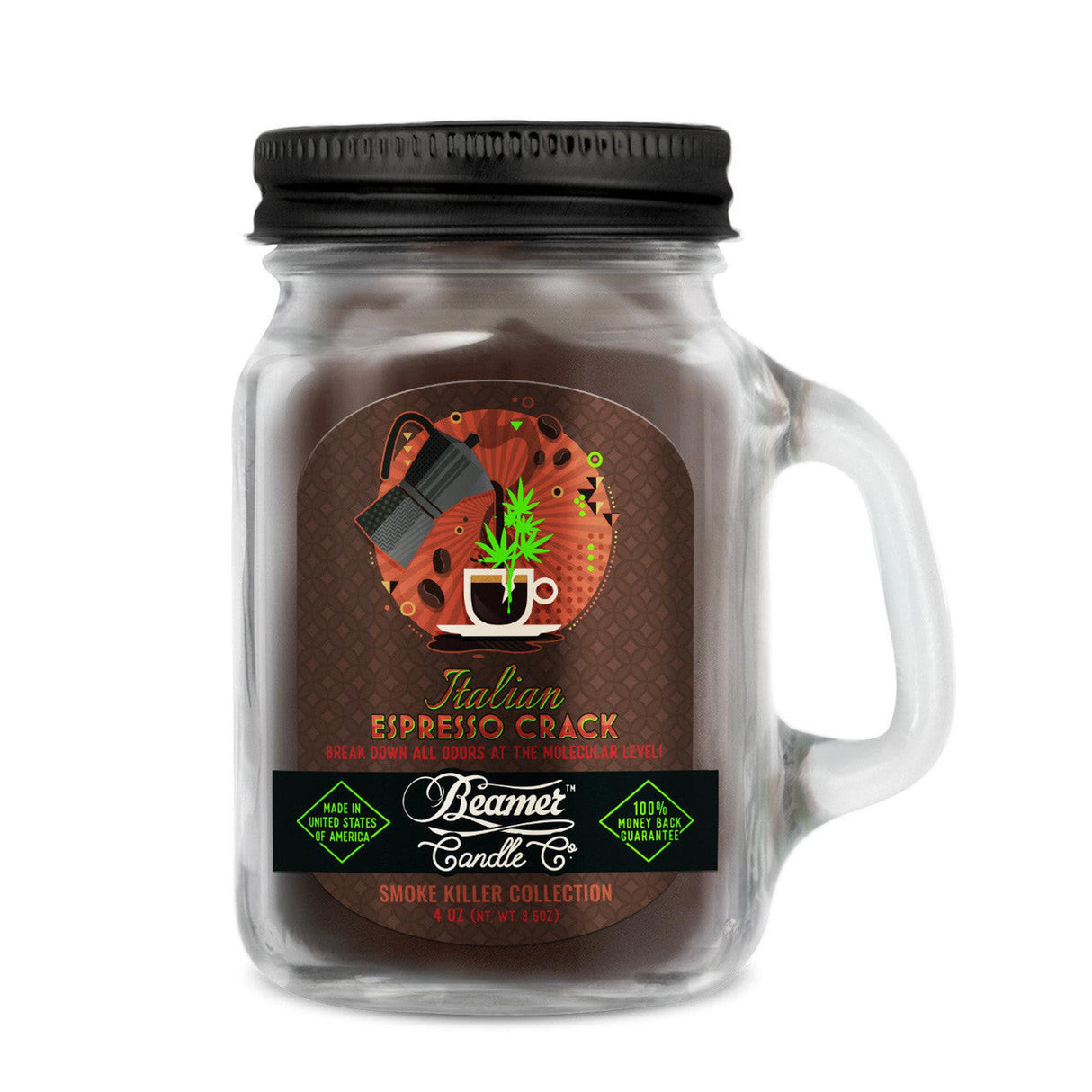 Scented Candle - Italian Espresso Crack in a glass jar with a handle, featuring a secure lid for effective odor and smoke elimination with natural enzymes.