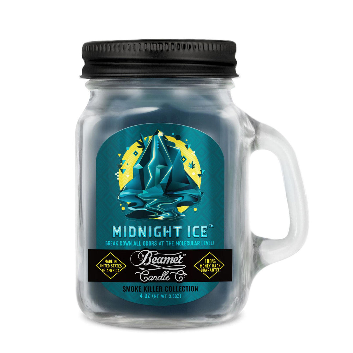 Scented Candle - Midnight Ice with black lid; features odor-neutralizing enzymes, 22-hour burn time, premium soy blend, lead-free wick, perfect for eliminating smoke and odors.