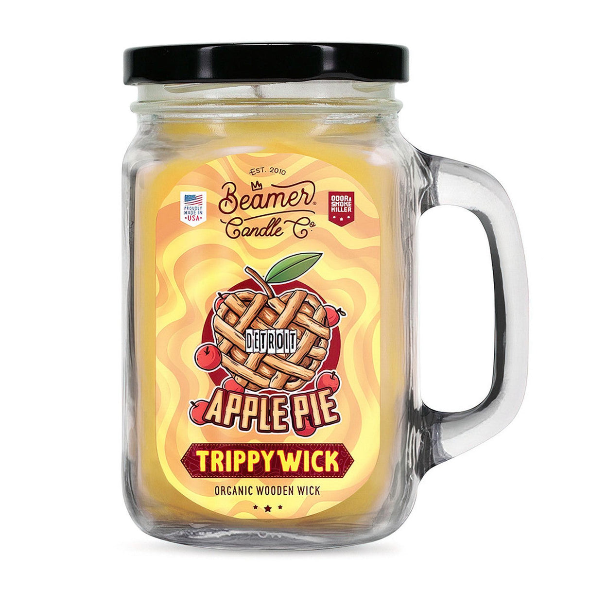 Scented Candle - TrippyWick Apple Pie in a glass jar, featuring odor-neutralizing enzymes and a 90-hour burn time. Perfect for eliminating smoke and odors.