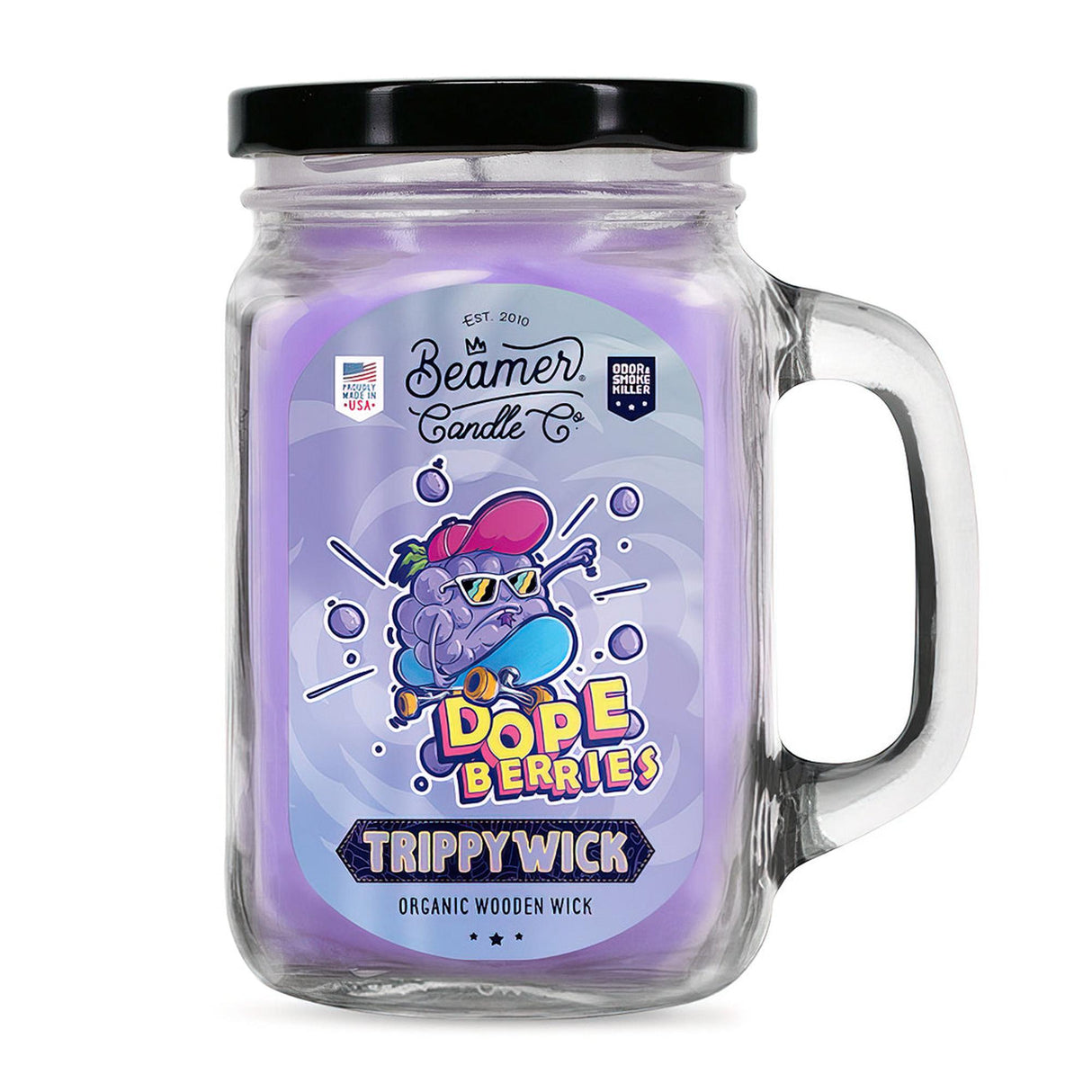 Scented Candle - TrippyWick Dopeberries in a glass jar, featuring a purple candle designed to neutralize odors with a 90-hour burn time.