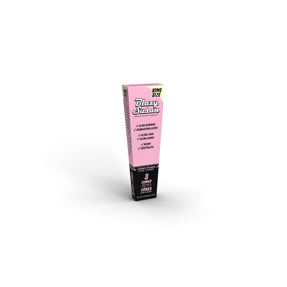 Blazy Susan Pink King Size Cones Full Box displaying 3 pre-rolled cones per pack, featuring slow-burning, ultra-thin, vegan paper with a built-in filter.