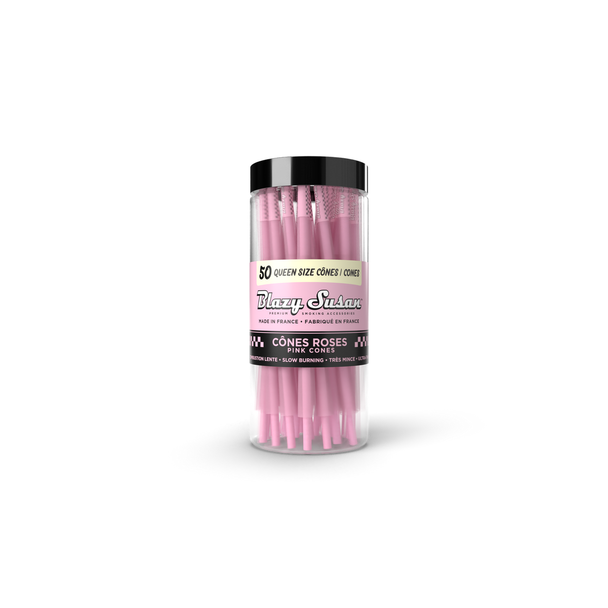 Clear plastic jar with black lid, filled with fifty Blazy Susan Pre-Rolled Pink Queen Size Cones, labeled 50 Queen Size Cones, made in France.