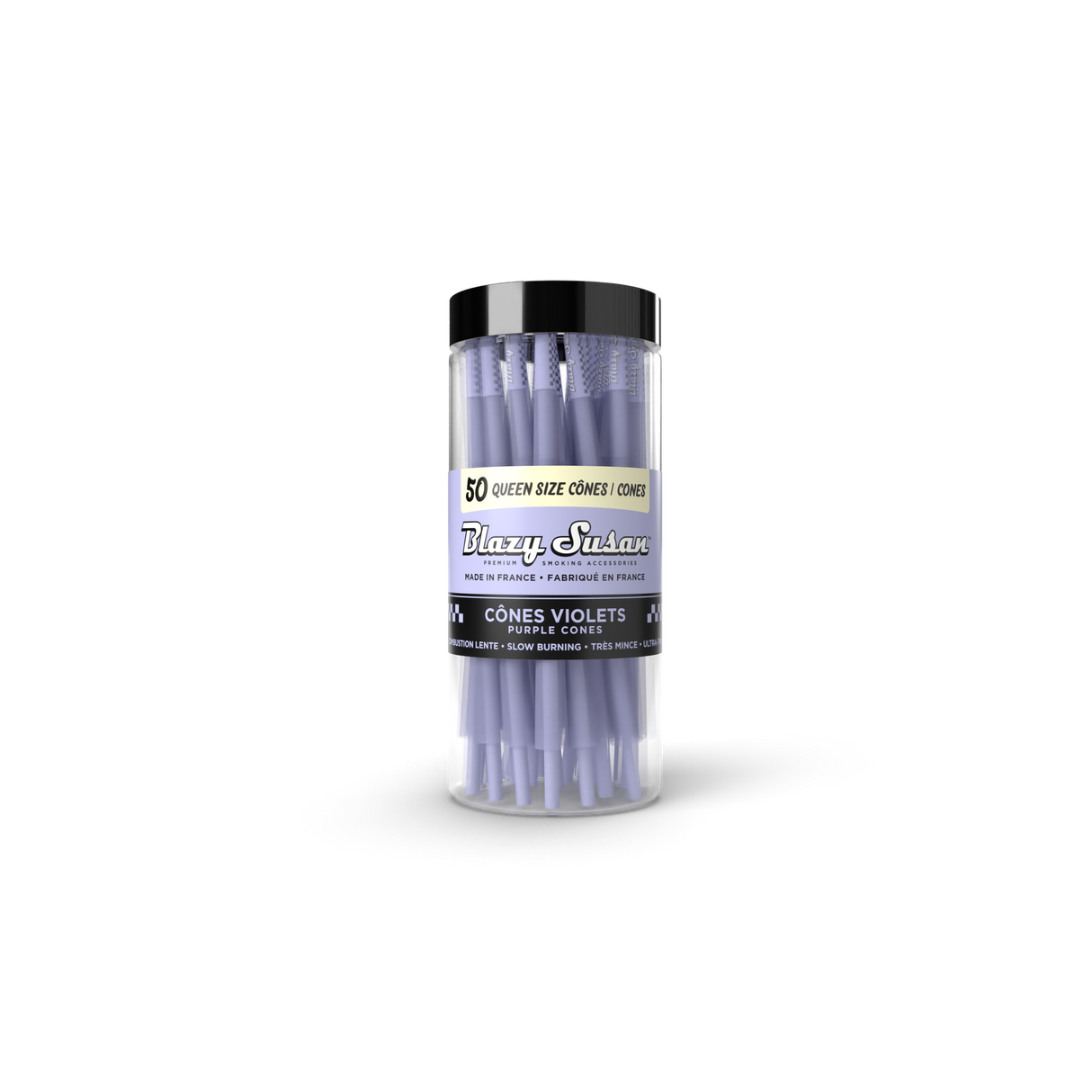 Pre-Rolled Purple Queen Size Cones - 25 Count Jar, featuring purple ultra-thin, slow-burning cones in a clear jar with a black lid.