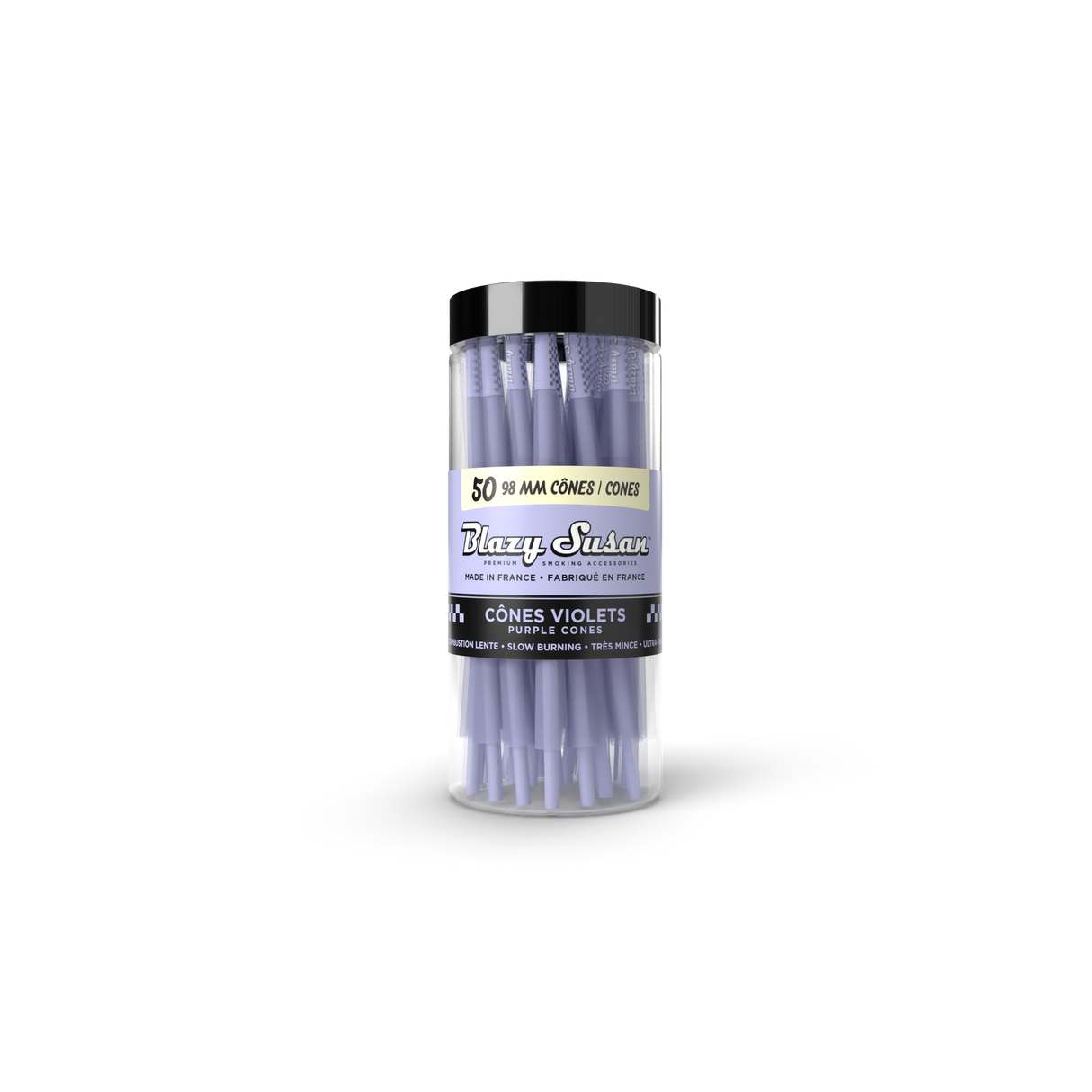 Purple 98mm Cones - 50 Count Jar featuring clear plastic tube of Blazy Susan's ultra-thin, slow-burning pre-rolled purple cones with built-in filter tips.