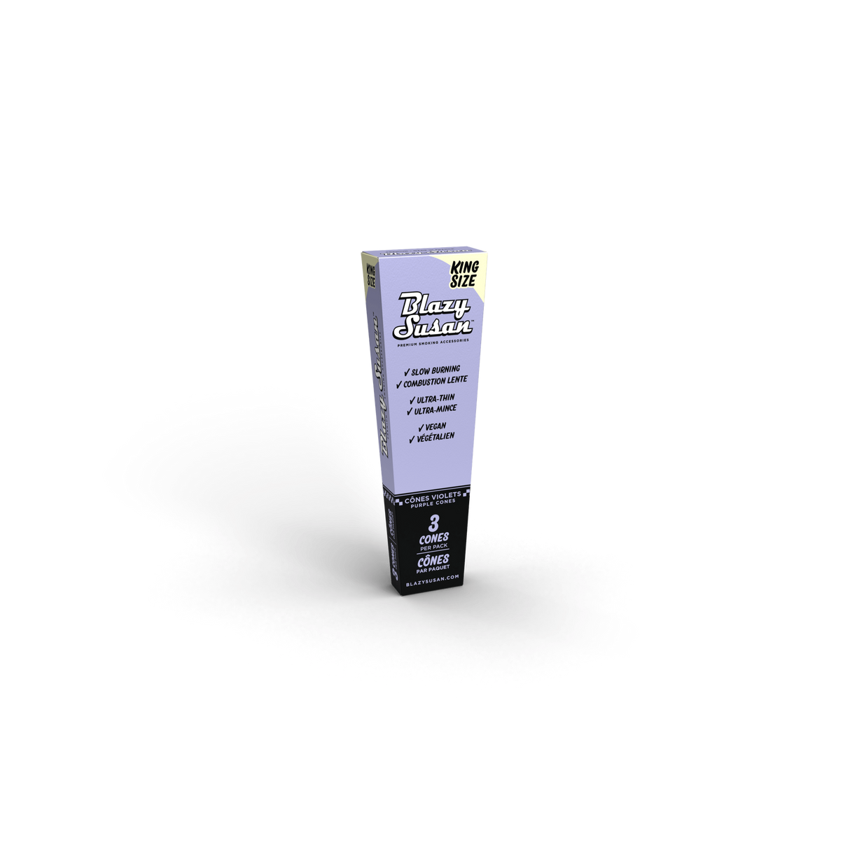 Purple King Size Cones Full Box - 3 Cones x 21 Packs; light purple packaging labeled with “slow burning,” “ultra-thin,” “vegan.” Contains 63 vegan, ultra-thin pre-rolled cones.