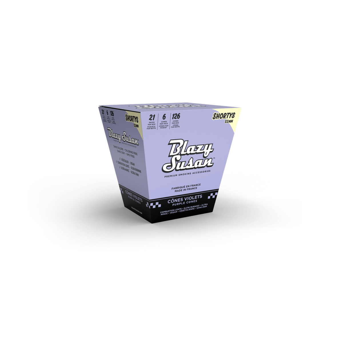 Purple Shorty Cones Full Box - 12 Cones x 21 Packs, featuring lavender packaging, 53mm pre-rolled cones, slow-burning, vegan, chlorine-free, with eco-friendly straws for easy packing.