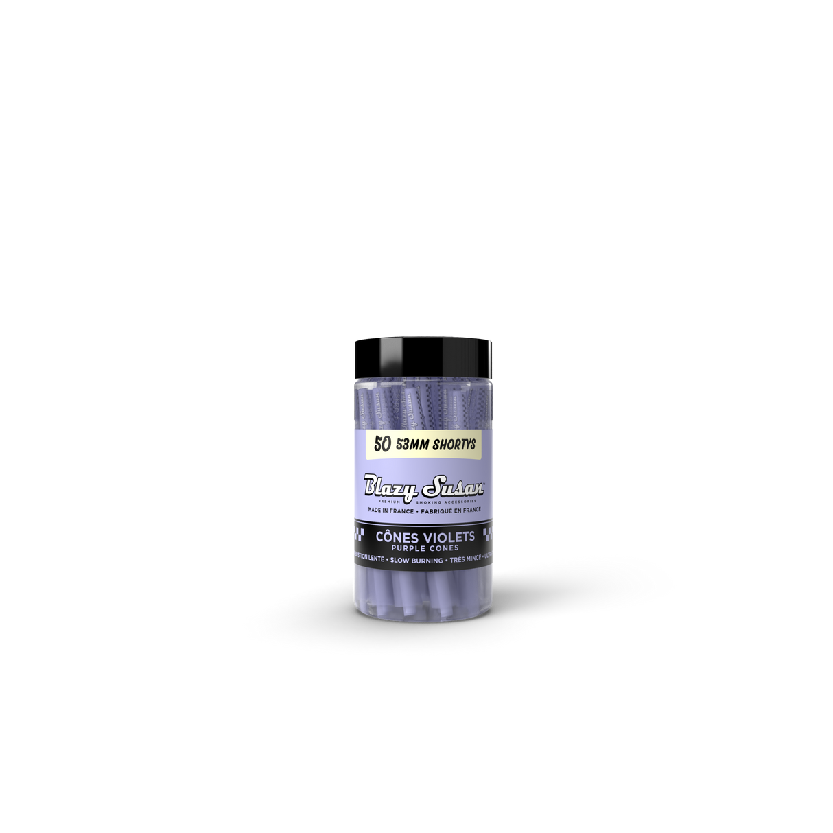 Purple Shorty Cones - 50 Count Jar: Clear jar with black lid, containing 50 ultra-thin, slow-burning purple pre-rolled cones, 53mm in length, made in France.