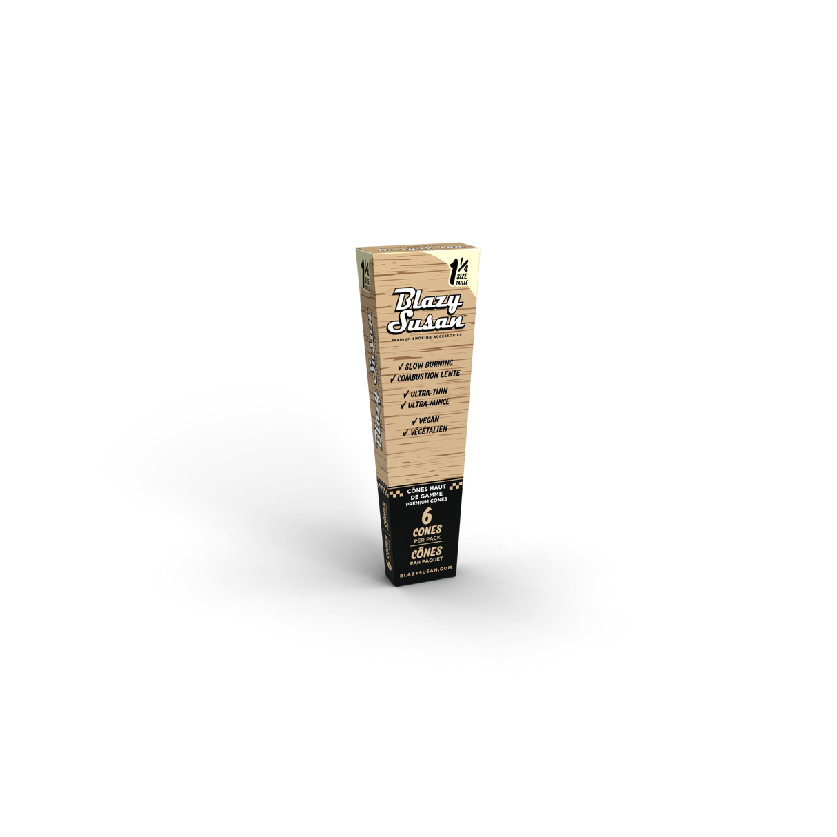 Unbleached 1 1/4 Cones Full Box - 6 Cones x 21 Packs, featuring eco-friendly packing straws and takeout-style packaging for easy access and convenience.