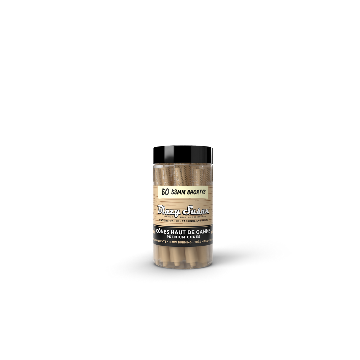 Unbleached Shorty Cones - 50 Count Jar, featuring clear plastic packaging with label details, showcasing pre-rolled, ultra-thin, slow-burning French paper cones for smoking.