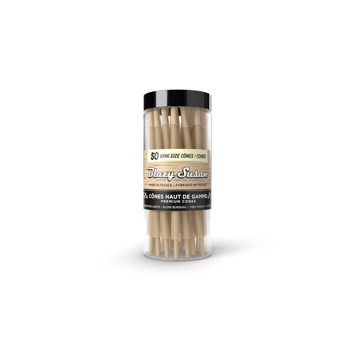 Blazy Susan Unbleached King Size Cones in a clear jar; 50 pre-rolled, slow-burning, brown paper cones with filter tips, made in France.