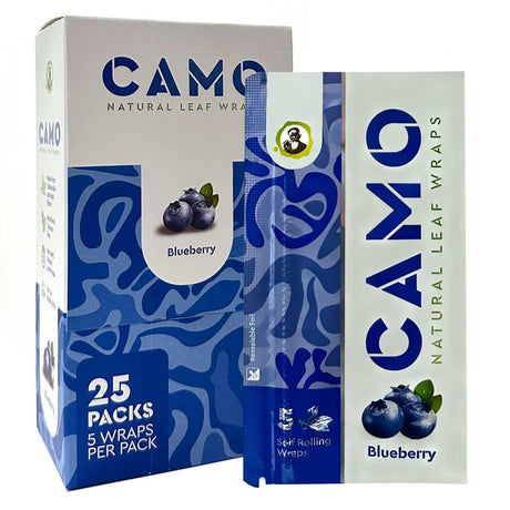 Chamomile Wraps - Blueberry - Carton of 25 packs, featuring blueberry flavor, tobacco-free, chamomile-based wraps in blue packaging, ideal for dispensaries and head shops.