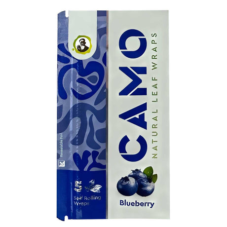 Chamomile Wraps - Blueberry - Carton of 25, featuring a close-up of blueberries, highlighting the natural flavor infused into these nicotine-free, slow-burning wraps.
