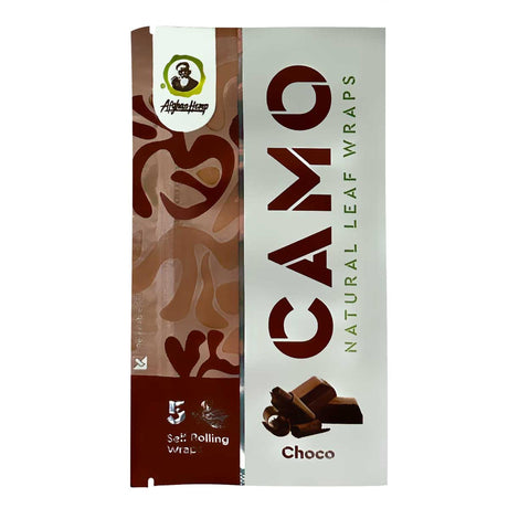 Chamomile Wraps – Chocolate carton featuring 25 packs, each with a resealable foil pack of 5 smooth, slow-burning, tobacco-free wraps, visible through packaging.