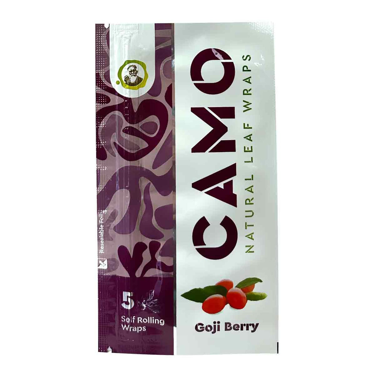 Chamomile Wraps - Goji - Carton of 25; package close-up showing resealable foil packs, emphasizing natural, tobacco-free wraps crafted from chamomile and mate plants.