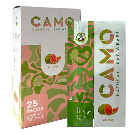 Chamomile Wraps - Guava - Carton of 25, featuring resealable packs, next to a guava fruit and juice box, highlighting exotic flavor and premium packaging.