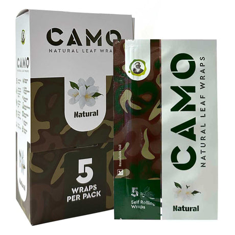Chamomile Wraps - Natural - Carton of 25 packs with eye-catching packaging, showcasing a close-up of camouflage design and green lettering on a white sign.