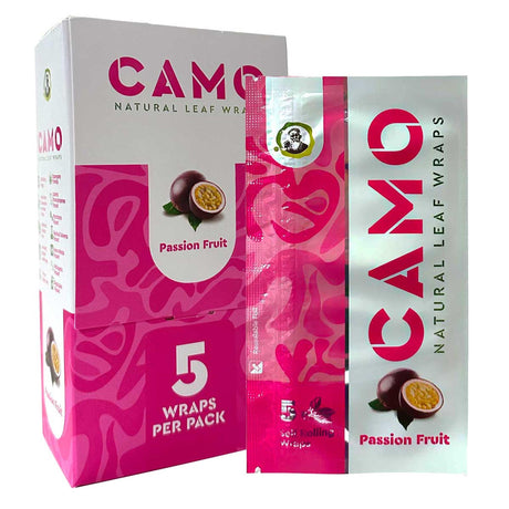 Chamomile Wraps - Passionfruit - Carton of 25: Close-up of resealable foil packs and fruit-themed packaging, highlighting tobacco-free, chamomile-based wraps designed for a smooth, flavorful experience.