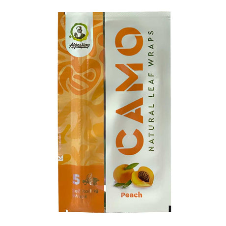 Chamomile Wraps - Peach - Carton of 25 displayed alongside close-up images of ripe peaches and packaging, highlighting the product's fruity and soothing essence.