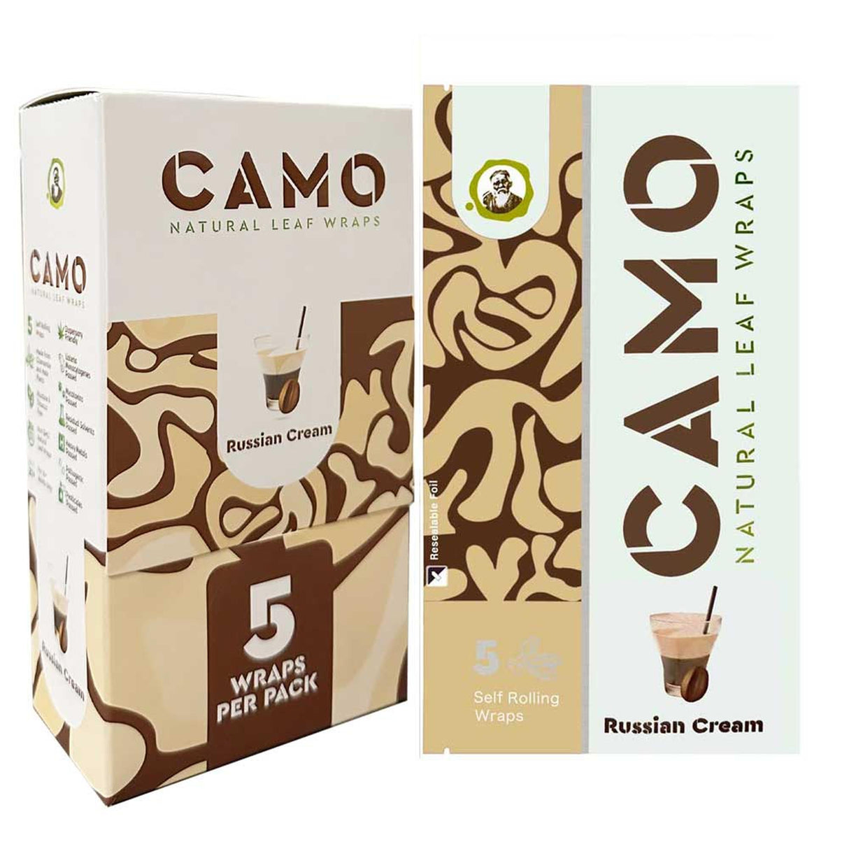 Chamomile Wraps - Russian Cream - Carton of 25, featuring a close-up of the packaging with visible product details, ideal for dispensaries and head shops.