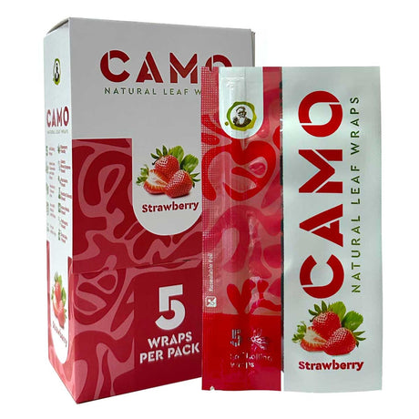 Chamomile Wraps - Strawberry - Carton of 25, featuring close-up images of strawberries and packaging, highlighting fruit flavor and tobacco-free, plant-based composition.