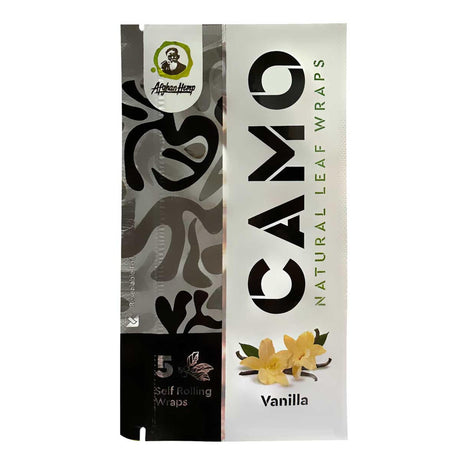 Chamomile Wraps - Vanilla - Carton of 25 featuring artistic packaging, showcasing a close-up of graphic design elements emphasizing product details and resealable foil packs.